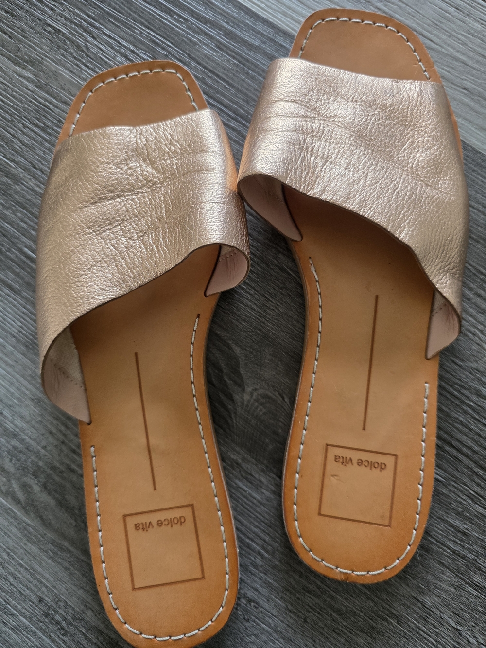 Dolce Vita Metallic Rose Gold Asymmetrical Slide Sandals